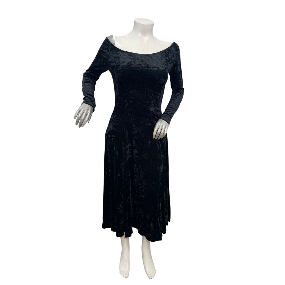 Bonnie Strauss Vintage 90s crushed velvet black fit & flare dress Size L